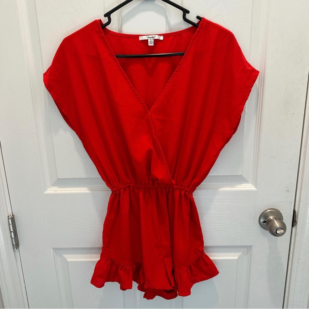 Papaya Red V-Neck Short Sleeve Tunic Romper